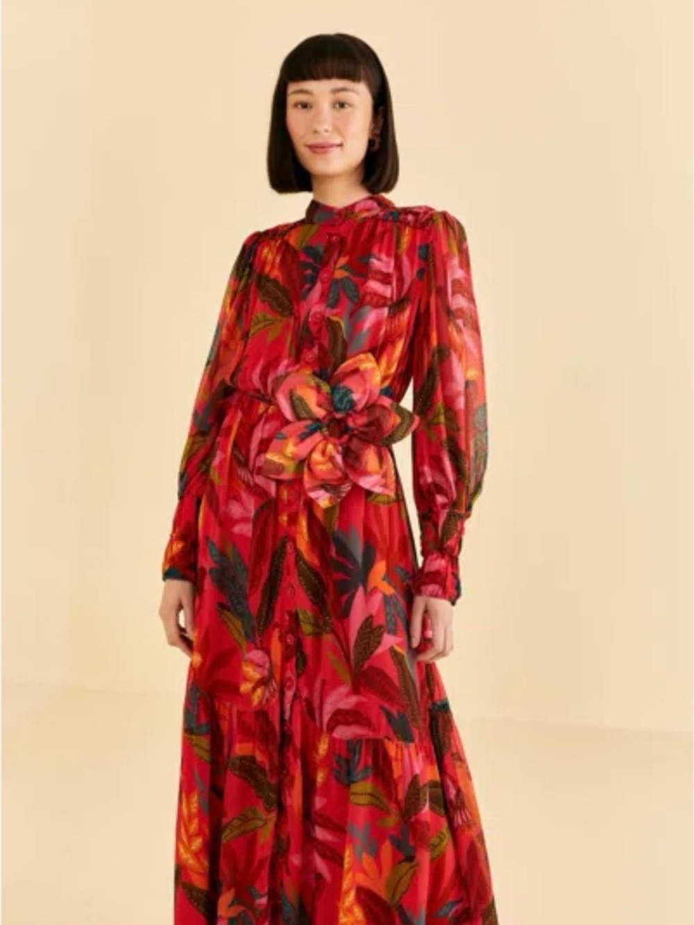Farm Rio Red Rooster Leaves Red Maxi Dress XXS NWT